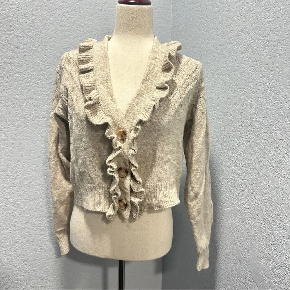 Industry L Cream Ruffle Cardigan Feminine Office Chic Quiet Luxury Sweater - Picture 2 of 10